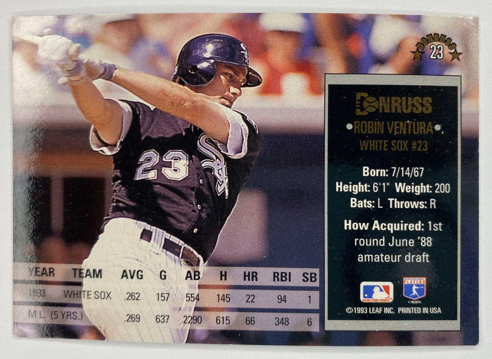 1994 Donruss Robin Ventura #29 Chicago White Sox back