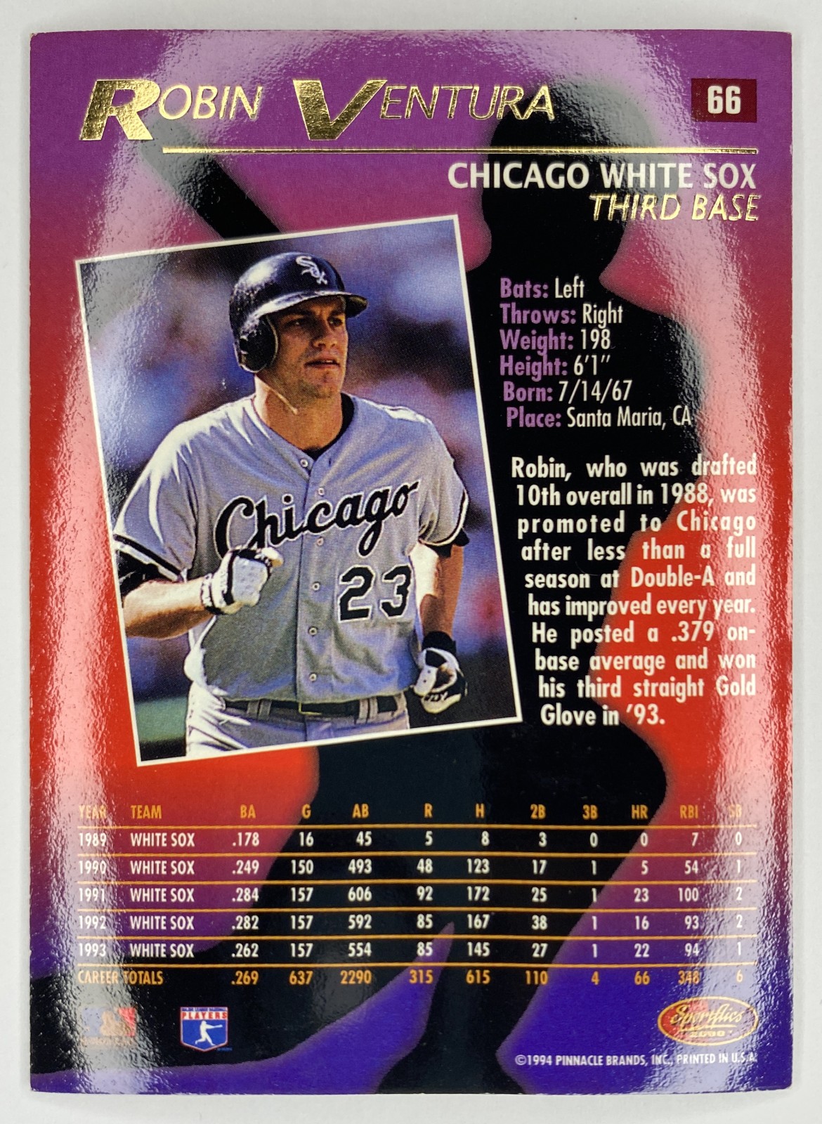 1994 Sportflics 2000 Robin Ventura #66 Chicago White Sox back