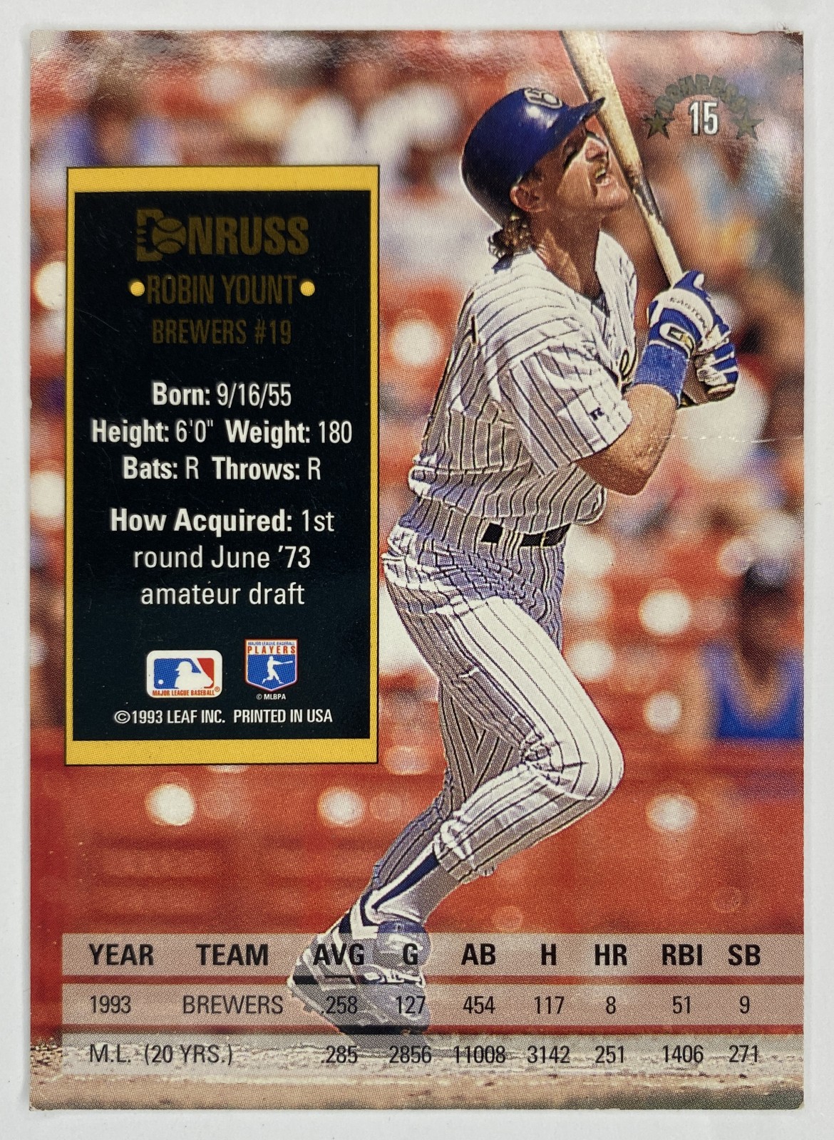1994 Donruss Robin Yount #15 Milwaukee Brewers back