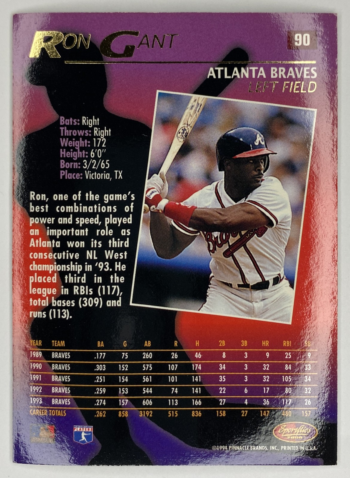 1994 Sportflics 2000 Ron Gant #90 Atlanta Braves back