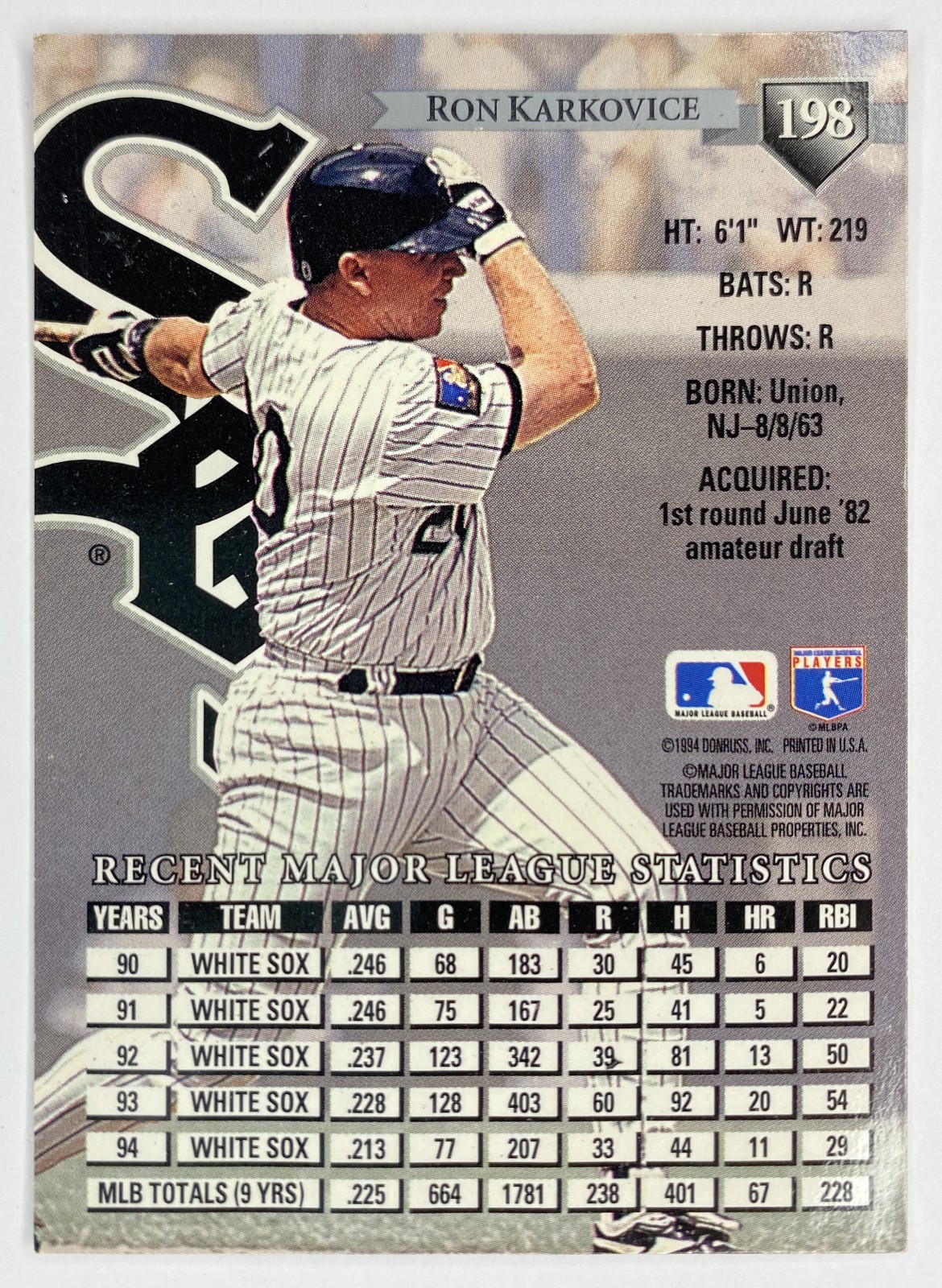 1995 Donruss Ron Karkovice #198 Chicago White Sox back