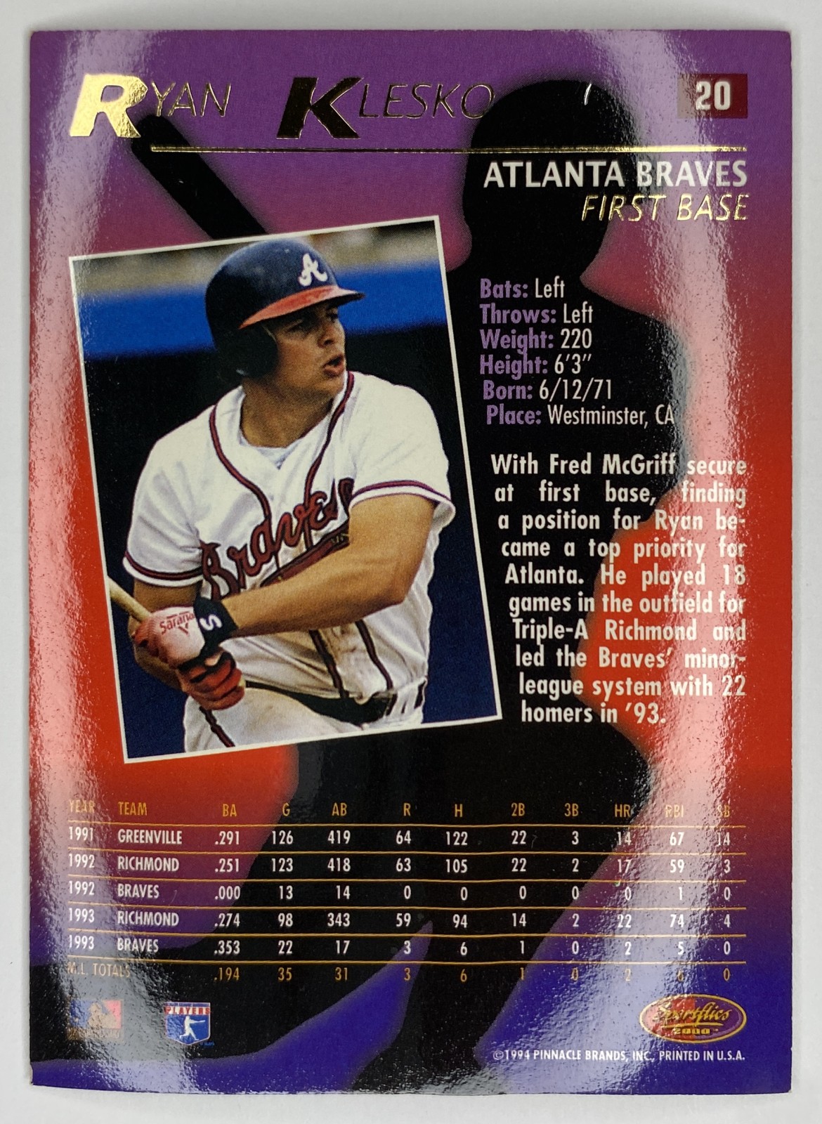 1994 Sportflics 2000 Ryan Klesko #20 Atlanta Braves back