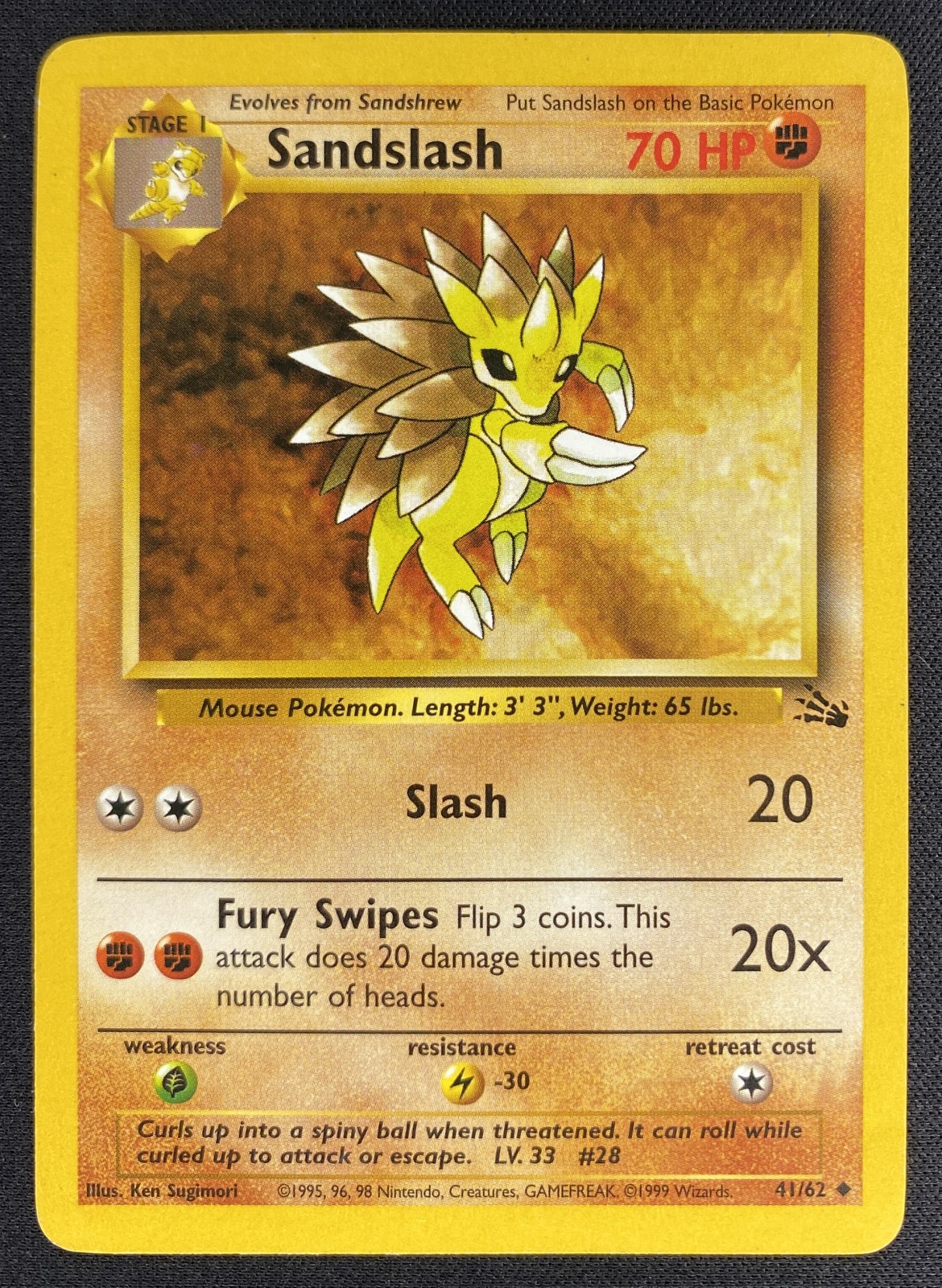 1999 Pokemon Fossil Sandslash #41/62 Uncommon front