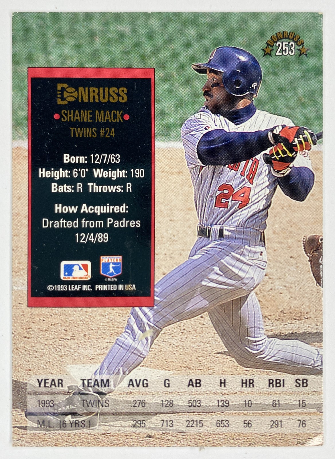 1994 Donruss Shane Mack #253 Minnesota Twins back