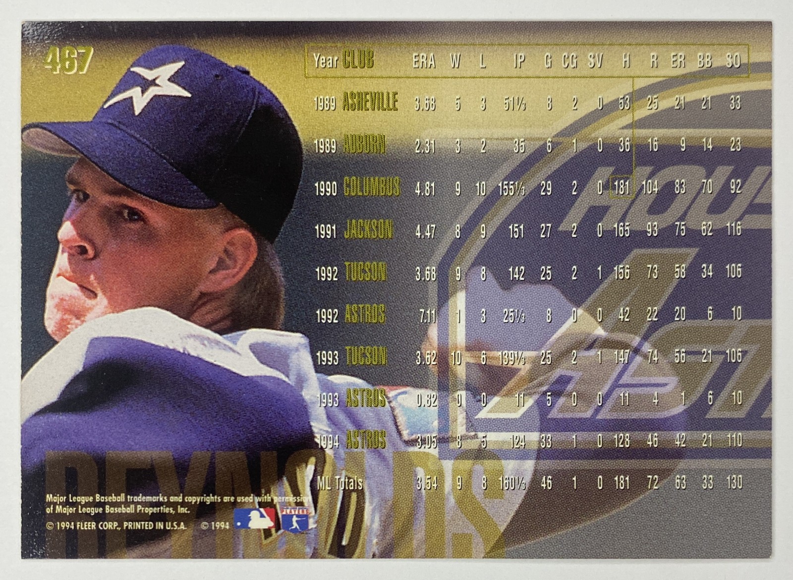 1995 Fleer Shane Reynolds #467 Houston Astros back