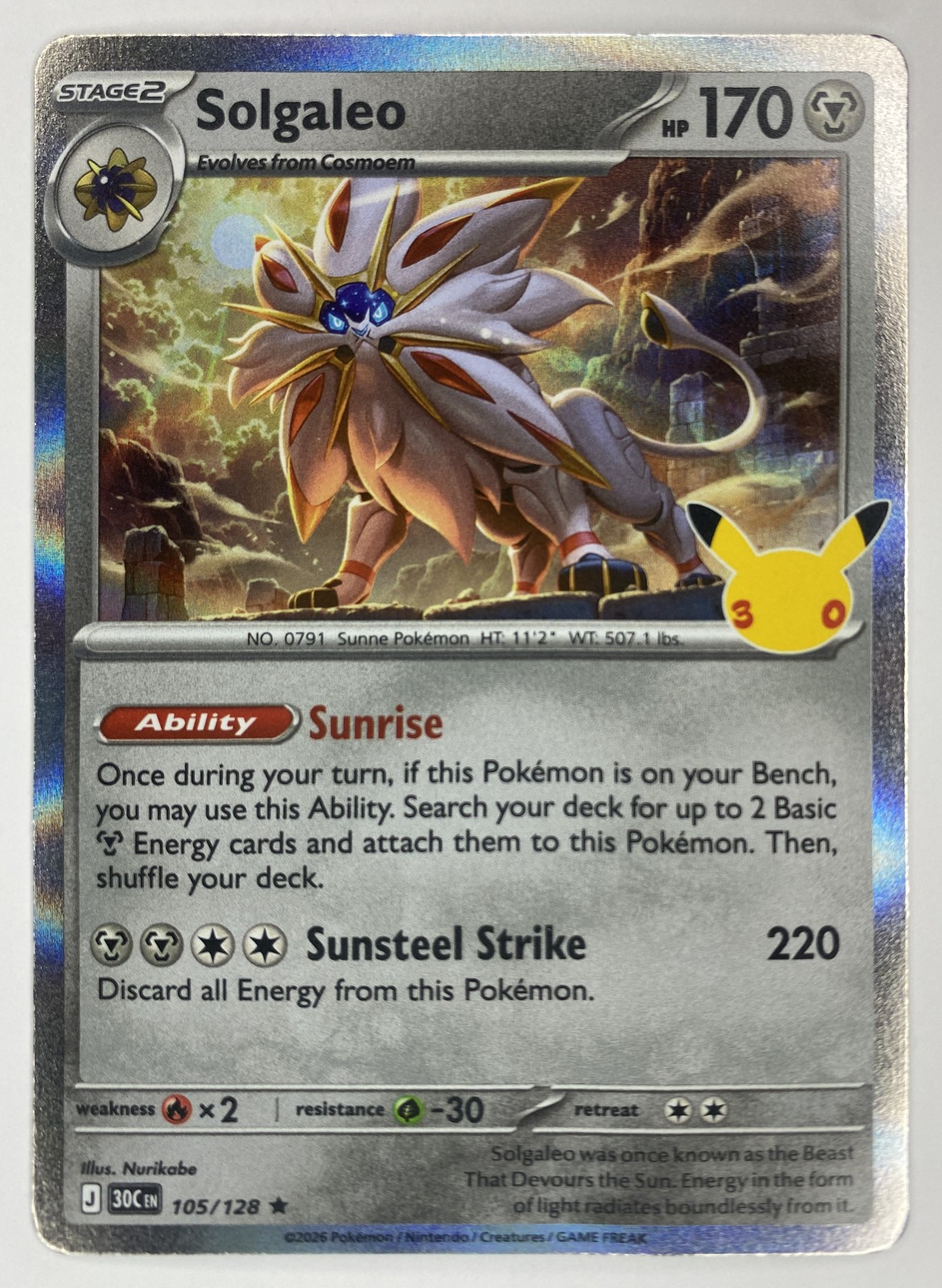 2026 Pokemon 30th Celebration Solgaleo #105/128 Holo Rare front