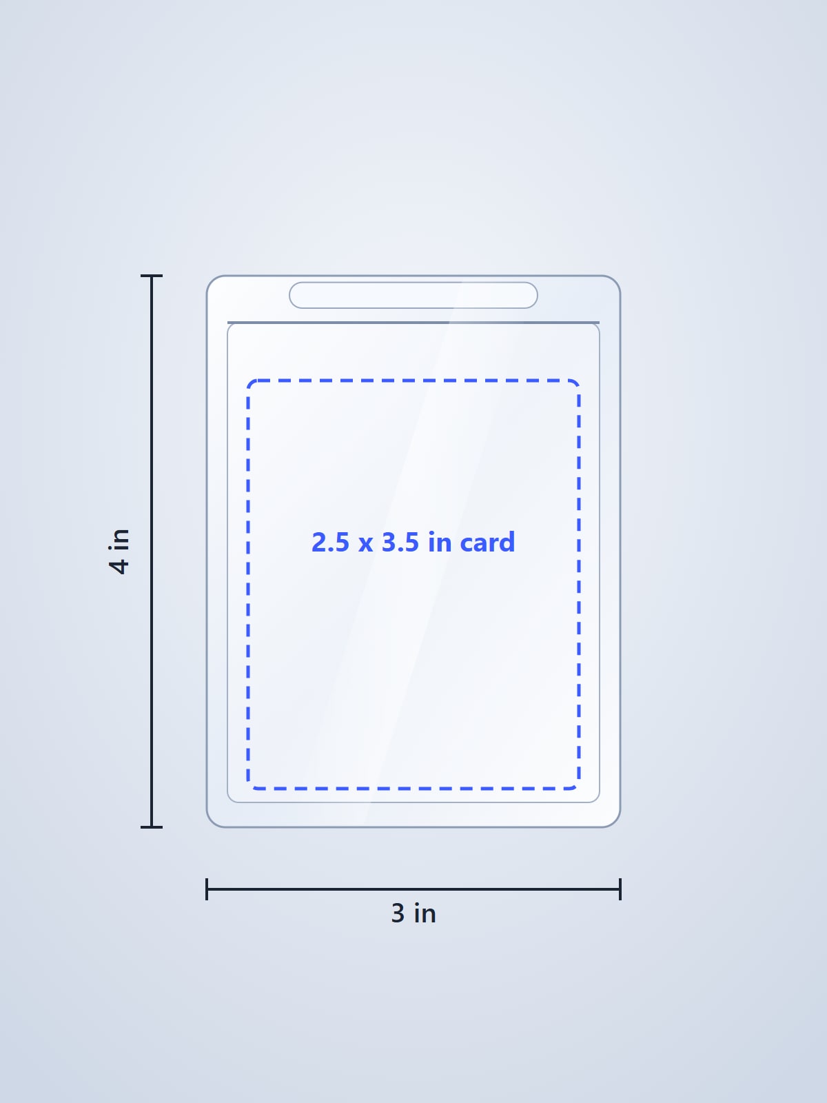 A standard card inside a 3 x 4 in toploader, with sizes