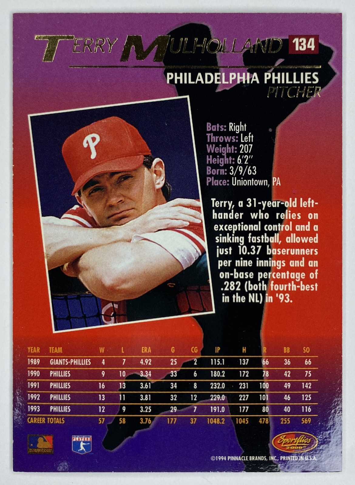 1994 Sportflics 2000 Terry Mulholland #134 Philadelphia Phillies back