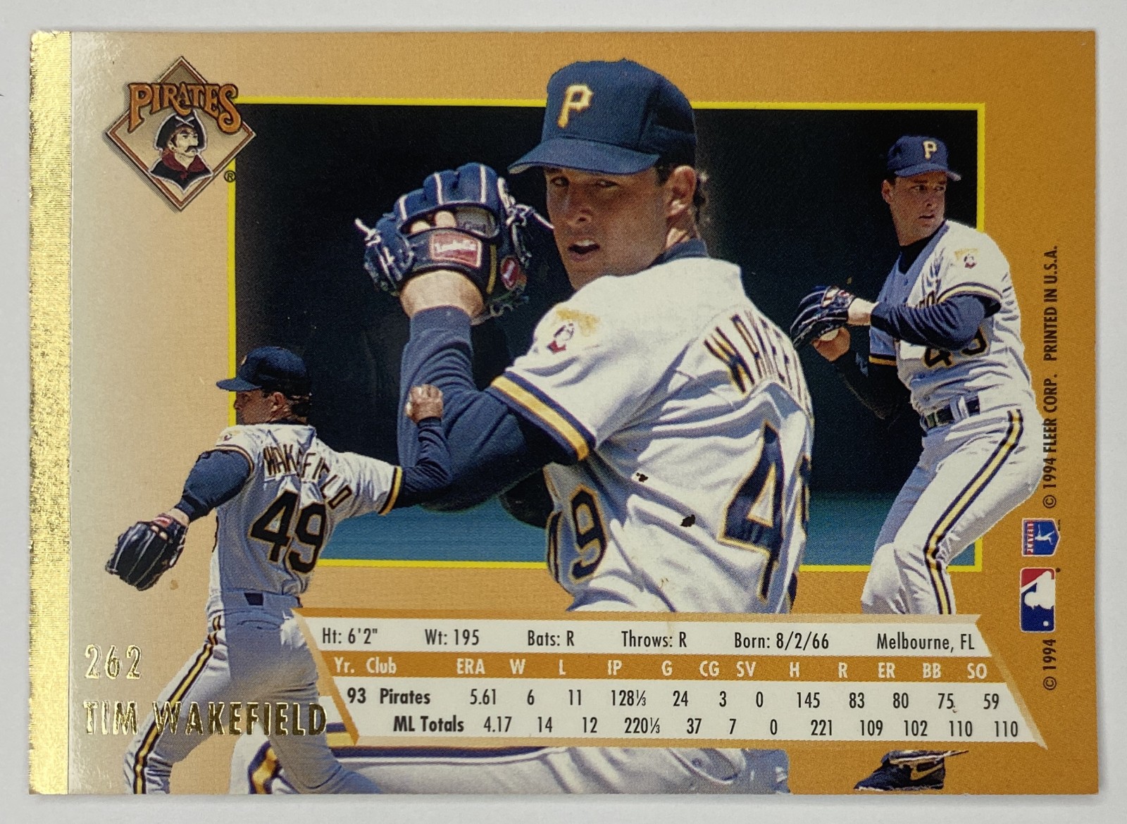 1994 Fleer Ultra Tim Wakefield #262 Pittsburgh Pirates back