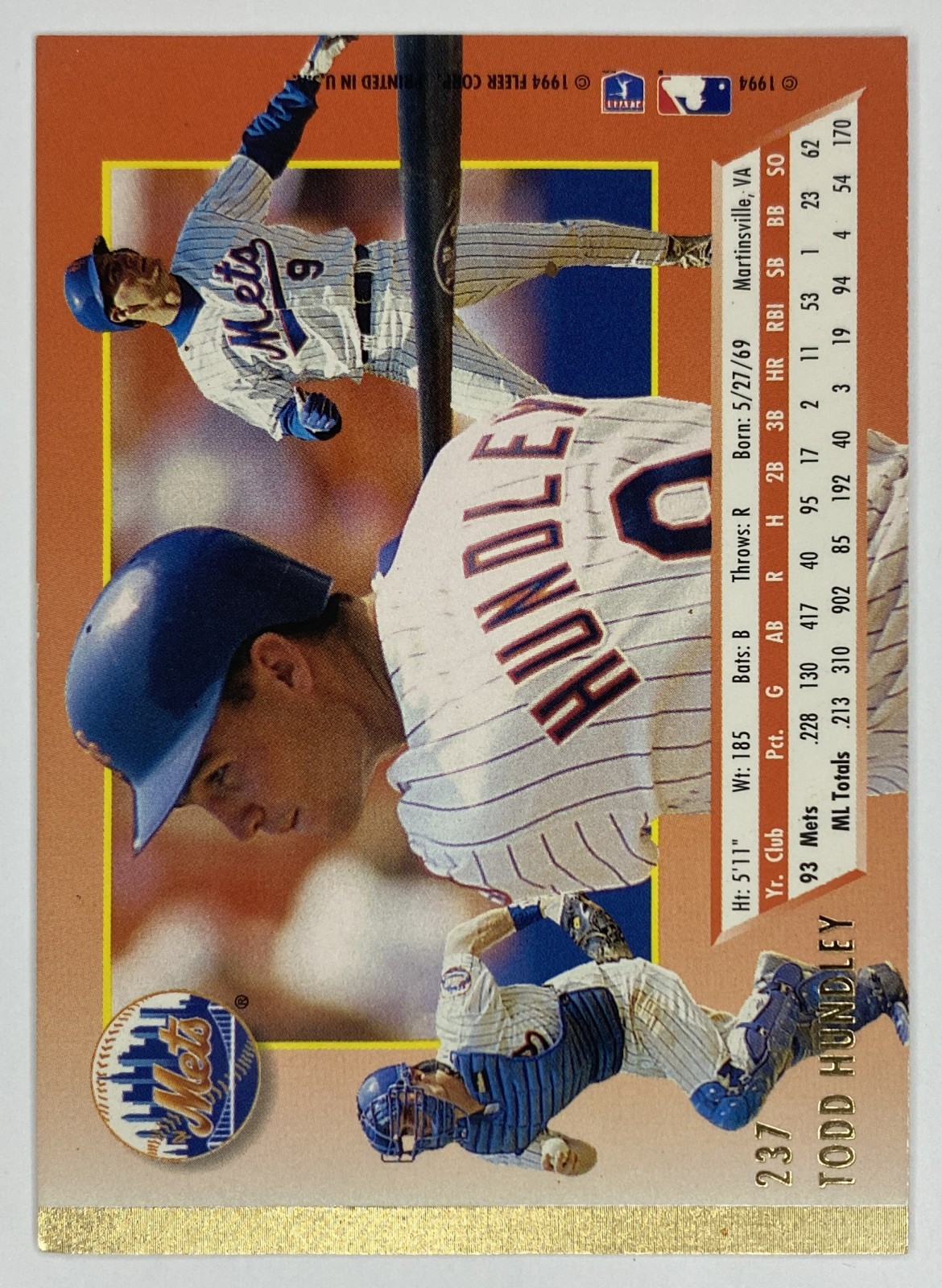 1994 Fleer Ultra Todd Hundley #237 New York Mets back