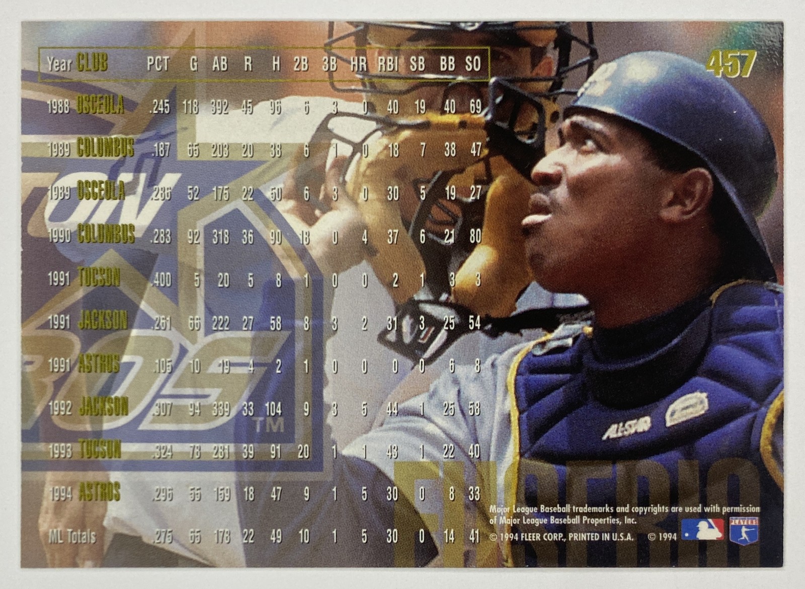 1995 Fleer Tony Eusebio #457 Houston Astros back