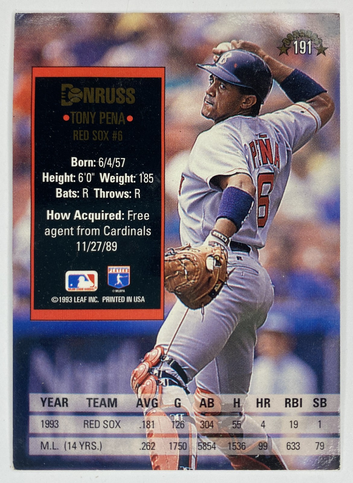 1994 Donruss Tony Pena #191 Boston Red Sox back