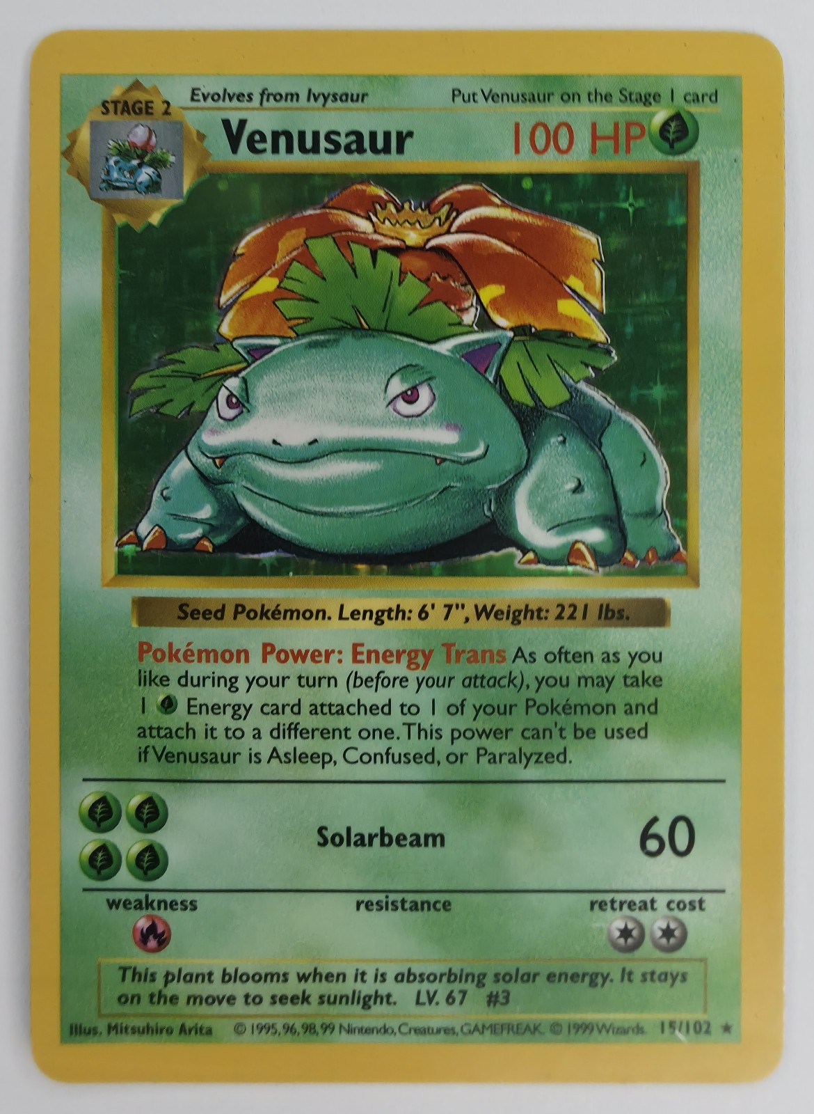 The front of our Shadowless Venusaur: clean, sharp corners, no scratches on the holo.