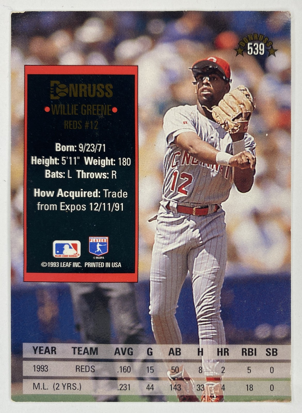 1994 Donruss Willie Greene #539 Cincinnati Reds back