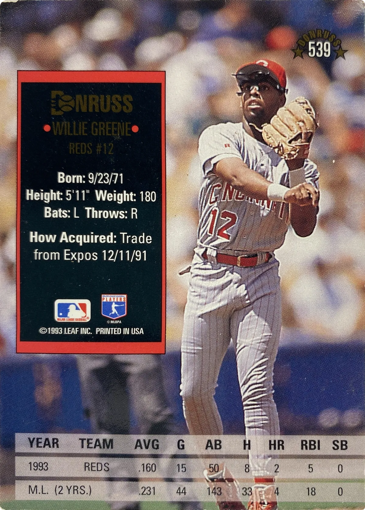 Willie Greene #539, back
