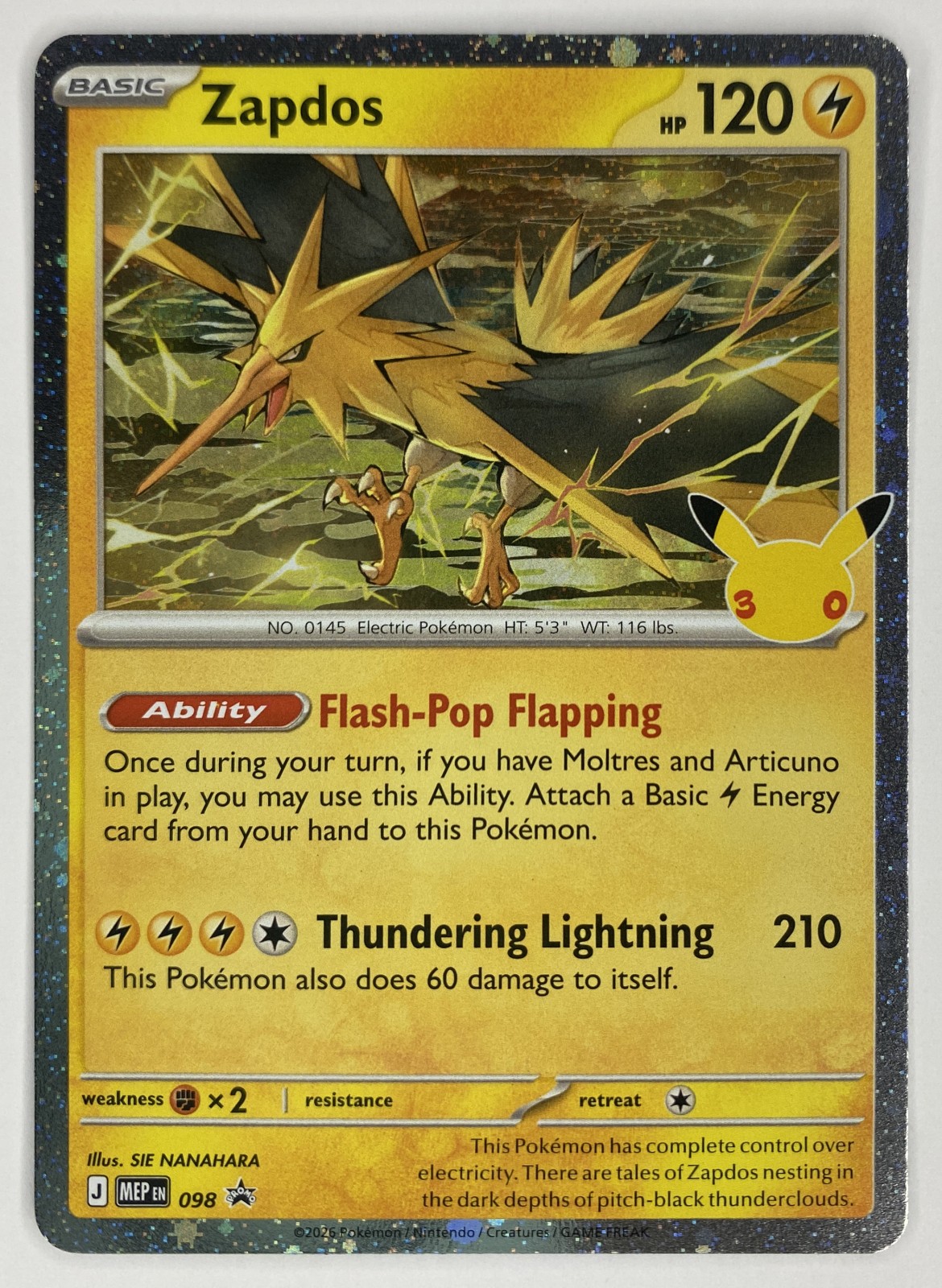 2026 Pokemon MEP Black Star Promo Zapdos #098 30th Celebration Holo front
